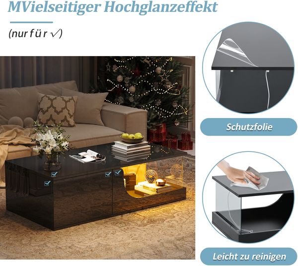 Couchtisch 100 x 50 x 30 cm mit 2 Schubladen, LED-App-Steuerung, Hochglanz in Schwarz, MDF und Hartglas Bild 9