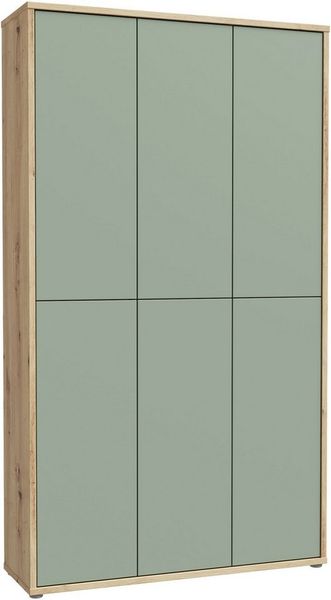 Forte ALICE SPRINGS Schuhschrank 100 110, moderner Schrank mit 6 Türen, 15 Einlegeböden, Holzwerkstoff, Salbei mit Artisan Eiche Holzdekor, 109,2 cm breit x 191,9 cm hoch x 34,9 cm tief