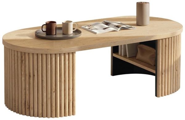 Merax Couchtisch Ovaler Sofatisch Beistelltisch im Rillen-Design skandinavisch (1-St), Wohnzimmertisch mit Ablagefach & Stauraum, 100x50x35cm