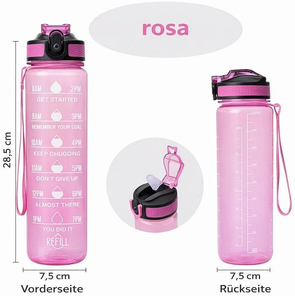 Botells Trinkflasche Sportflasche Wasserflasche 1l, Trink Motivation, Strohhalm, Shakerball, leicht, auslaufsicher, motivierend, robust