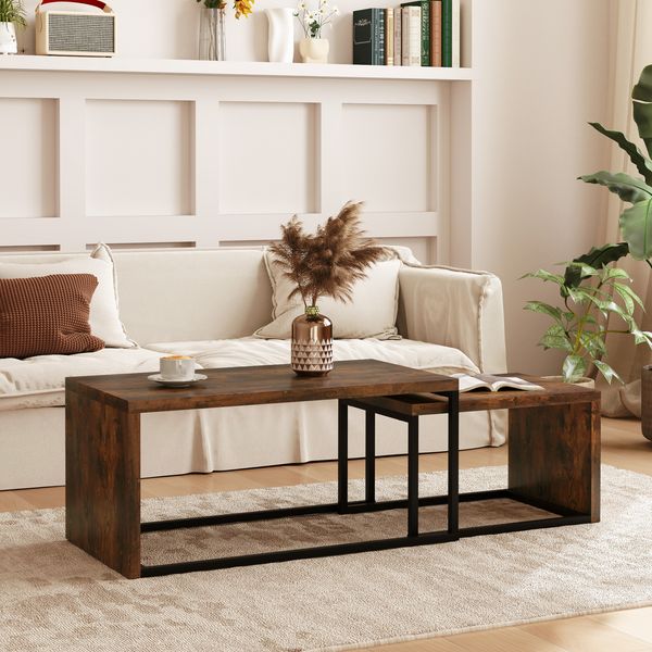 2er-Set Couchtisch/Satztisch 90 x 48 x 42 cm, MDF in Rustikalbraun mit Metallgestell