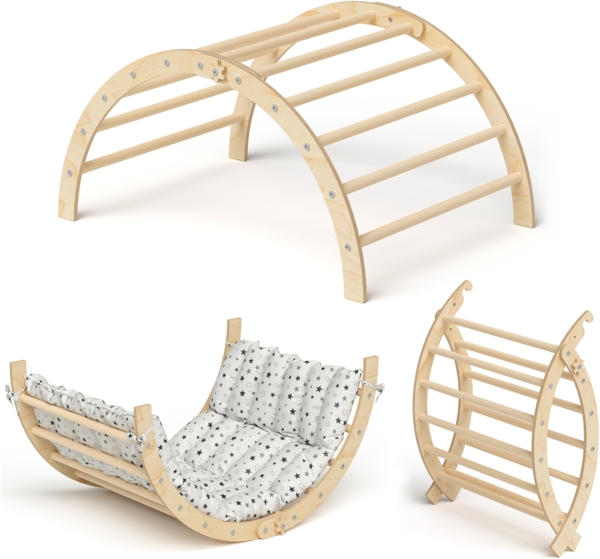 Bellabino 'Ruki' 2in1 Kletterbogen und Wippe zusammenklappbar, inkl. Matratze 'Graue Sterne', natur lackiert, Buche Massivholz