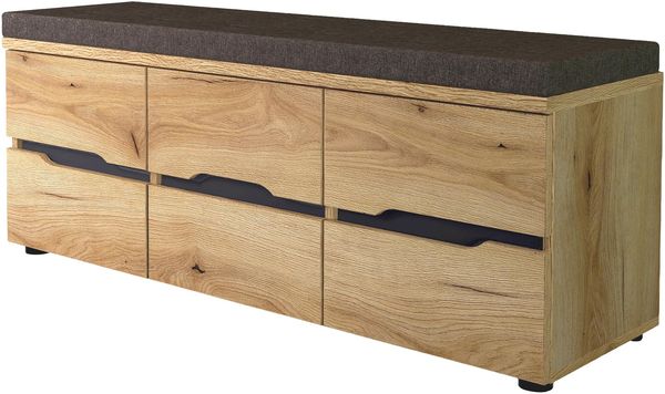 Fargo Sitzbank mit 3 Holztüren und 3 Fachböden – FSC-Zertifiziert – Moderne Flurbank mit Sitzkissen in Stoff Graubraun meliert – 120 x 48 x 38 cm (B/H/T)