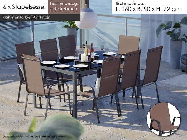 Gartenmöbel Set Metall Tisch 8 Stapelsessel Essgruppe Gartenset Sitzgruppe Stuhl schokobraun