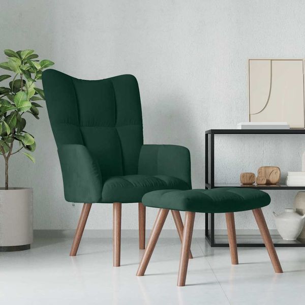 Relaxsessel | Lounge Sessel für Wohnzimmer mit Hocker Dunkelgrün Samt