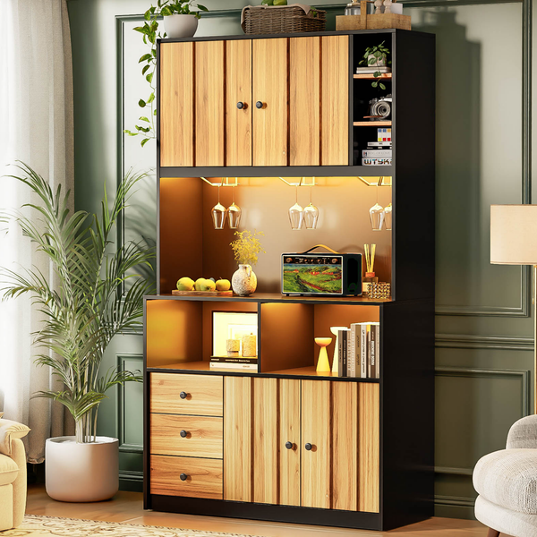 Merax 180 cm Küchenschrank, Hochschrank mit LED, Küchenregal mit Steckdose, Weinregal und Vitrine für Küche & Esszimmer, Natur