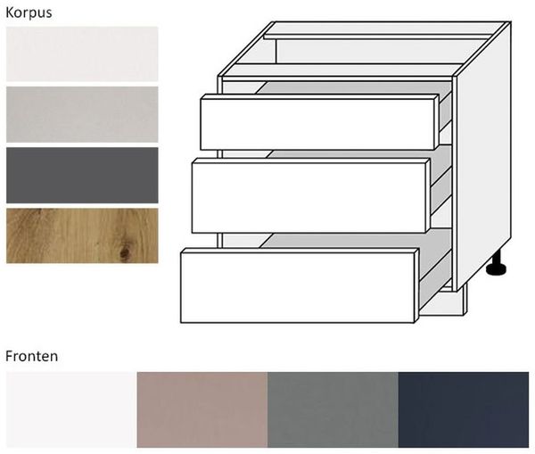 Schubladenunterschrank BO-D3M/80 Küchenschrank Teilauszug 80cm Farbe wählbar