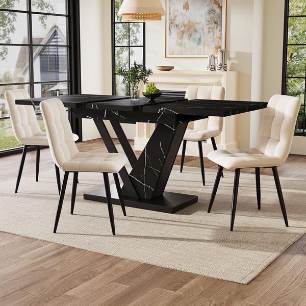 Ausziehbarer Esstisch 120-160 x 75 x 75,5 cm, großer Küchen- und Wohnzimmertisch, MDF mit Marmoroptik, Metallgestell