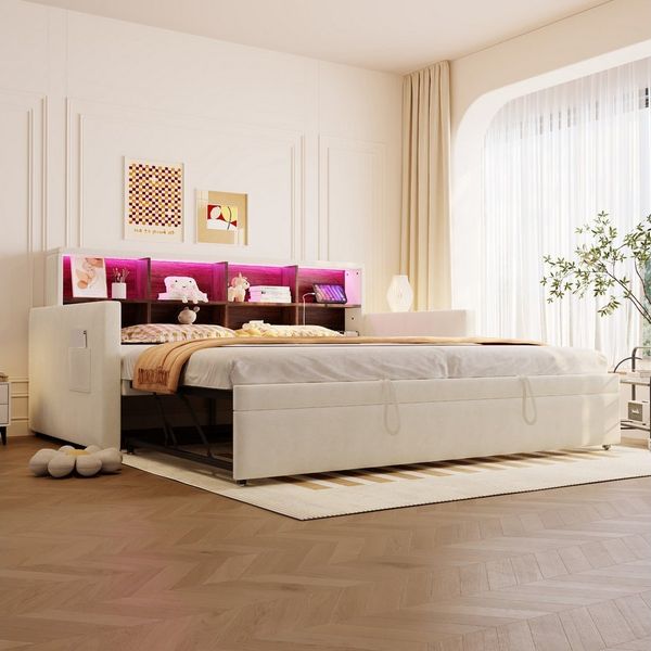 Flieks Daybett, LED Polsterbett 90/180x190 cm mit Ausziehbett, Staufächern und Aufladen