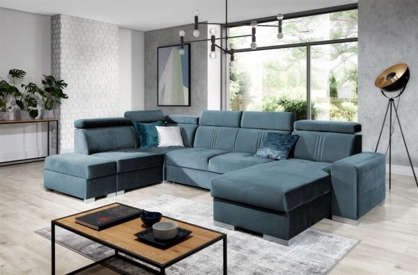 Wohnlandschaft Schlafsofa NOLAN USB in Stoff Monolith Petrolblau Ottomane Rechts