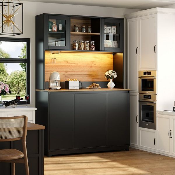 MODFU Hochschrank Schwarzes Sideboard (großzügiger Stauraum, App-gesteuert, für Küche & Wohnzimmer, modernes Design mit minimalistischen Akzenten, 1-St, 120*40*180cm(L x B x H) mit LED-Beleuchtung und Acryltüren