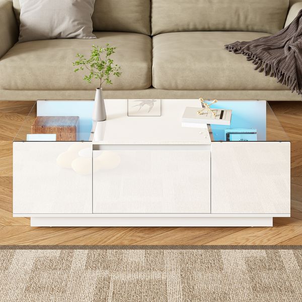 Couchtisch 105 x 50 x 35 cm, Weiß, mit Stauraum, Glasplatten & LED-Beleuchtung per Bluetooth