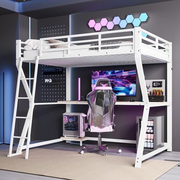 Hochbett mit Schreibtisch, LED-Licht & USB-Anschluss, 90x200 cm, Weiß, ohne Matratze