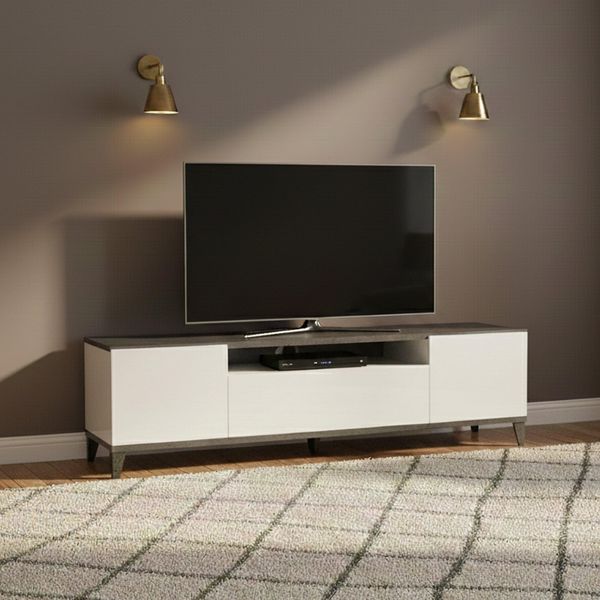 Dmora - TV-Schrank Ivan, niedriges Wohnzimmer-Sideboard mit 2 Türen, Fernsehständer-Basis, 100 % Made in Italy, 160 x 40 x 47 cm, glänzendes Weiß und Schiefer,