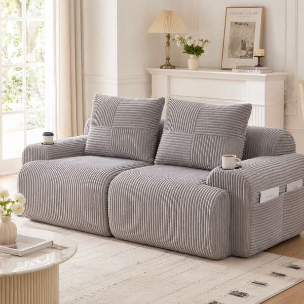 Modulares 2-Sitzer Cordsofa, Getränkehalter, Seitentasche, Hellgrau