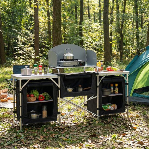 Sekey Campingschrank XXL Faltbar Campingküche mit Aluminiumgestell inkl. Windschutz und Tragetasche, Schwarz