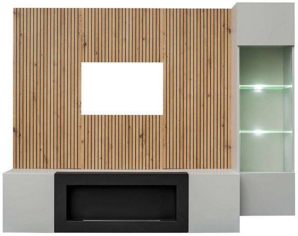 99rooms Wohnwand Klara I, (Wohnmöbel, Wohnzimmer-Set), Modern Design, PUSH-CLICK System, mit LED und Elektrokamin