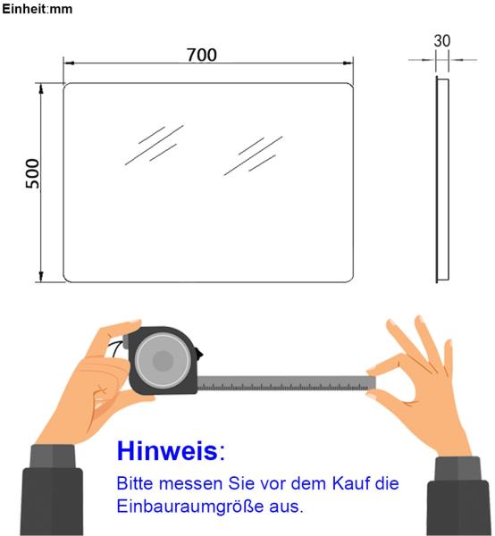 EMKE LED Badspiegel mit Beleuchtung 70x50cm Kaltweiß Wandschalter Badezimmerspiegel Bild 5