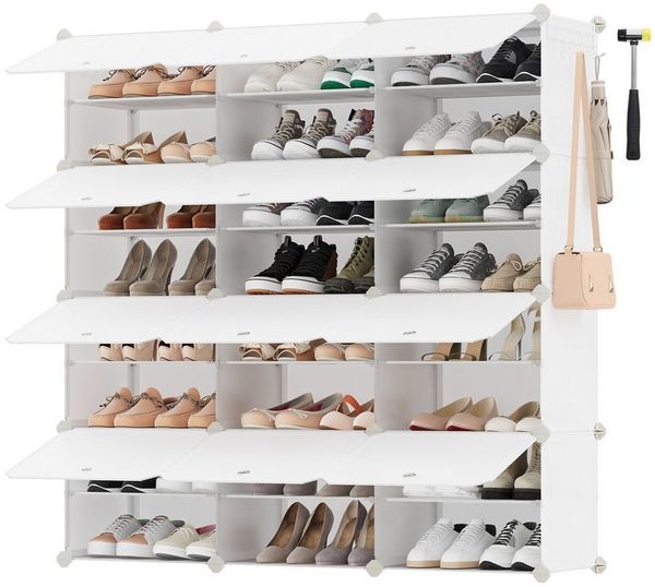 SONGMICS Schuhregal mit 12 Fächern, Schuhschrank, 30 x 40 x 30 cm pro Fach, schmal, mit Türen, Stahlrahmen, Kunststoff, wolkenweiß