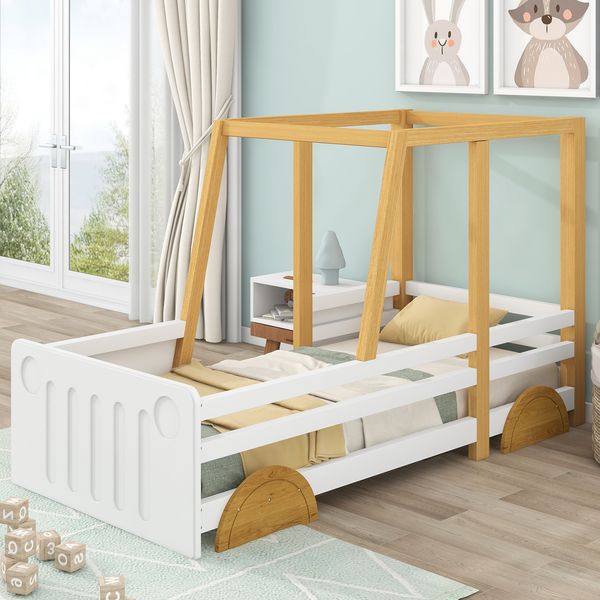 Kinderbett Auto-Design aus Holz mit Seitenschutz, stabilem Rahmen, dekorativem Kopfteil, spielerischem Look