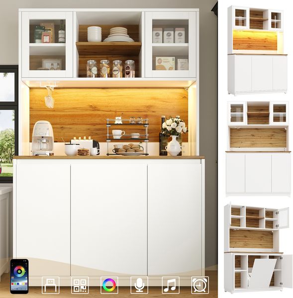 Küchenschränke (120 × 40 × 180 cm), hohe Küchenbeistelltische, Sideboards, Küchenschränke mit Acryltüren und LED-Beleuchtung,Weiß