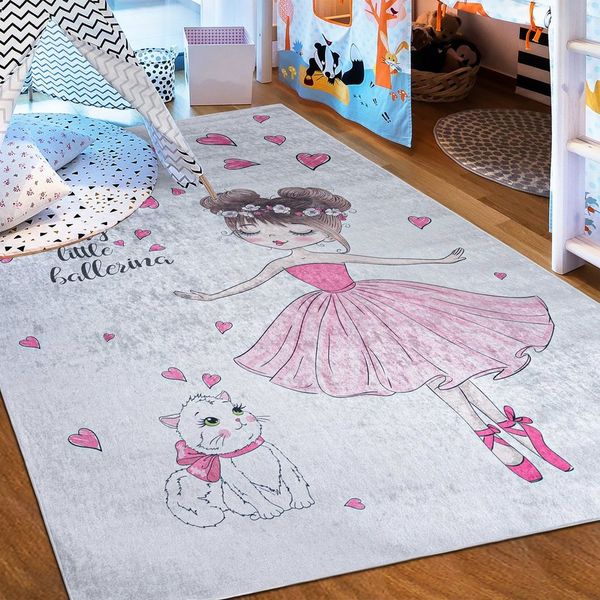 Mazovia Kinderteppich Kinderteppich Kinderzimmerteppich Ballett Ballerina, 80 x 150 cm, Kurflor, Waschbar in Waschmaschine, Höhe 5 mm, Rutschfest
