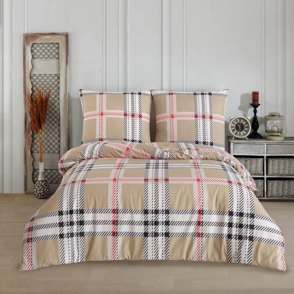 Buymax Bettwäsche Jurado, Bettgarnitur, Bettbezug Set, Renforce: 100% Baumwolle, 3 teilig, mit Reißverschluss, gemustert, Karo, Beige, 200x220 cm