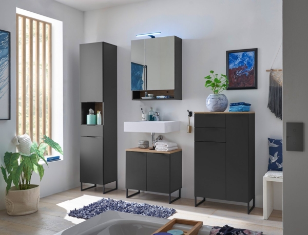 moebel-dich-auf Badmöbel-Set Aspen 60, (Set 1, Komplett-Set, 4-St, Hochschrank, Spiegelschrank, Wbu, Highboard), Softclose