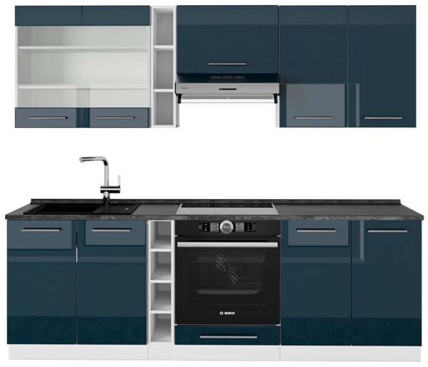 Küchenzeile Fame-Line Dunkelblau Hochglanz/Weiß 235 cm , AP Anthrazit Vicco