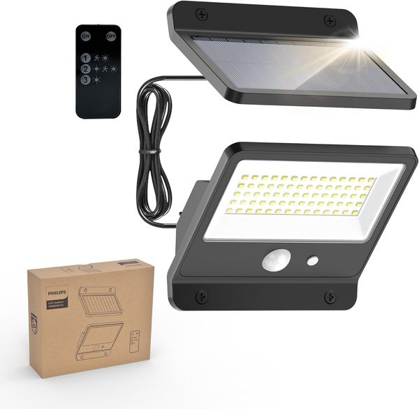 Philips Solarlampen für Außen 6500K LED, Solarbetriebener Fluter mit PIR-Bewegungsmelder, Fernbedienung mit 5m Kabel, IP65 Wasserdicht, 3 Modi (1 Stück)