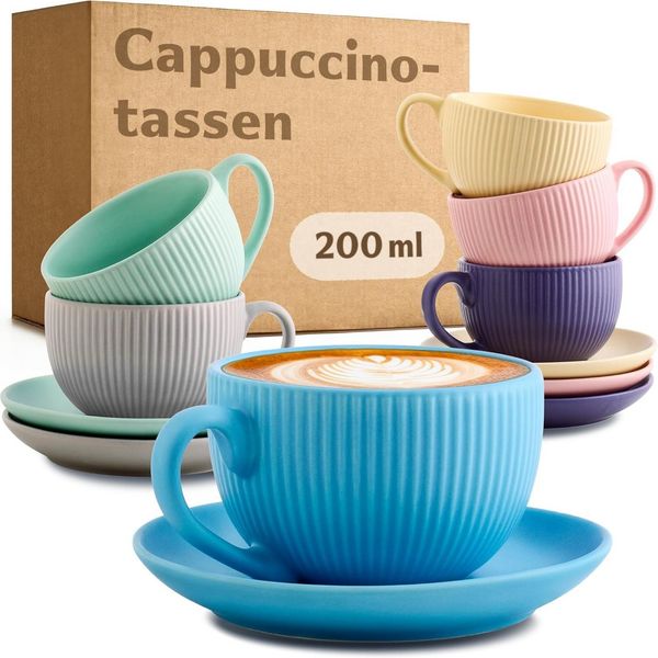 Cosumy Cappuccinotasse Cappuccinotassen mit Untertassen - 6er Set - 200ml, 12-tlg, Keramik, Mit Untertassen - Hält Lange warm - Spülmaschinenfest - 200ml