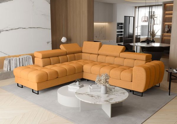 Ecksofa Schlafsofa BASTIEN MAX in Stoff Moly Senfgelb Ottomane Links