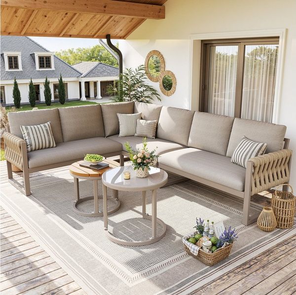 Flieks Gartenlounge-Set, 6-Sitzer Gartenmöbel-Set Sitzgruppe mit 2 stapelbaren Couchtische