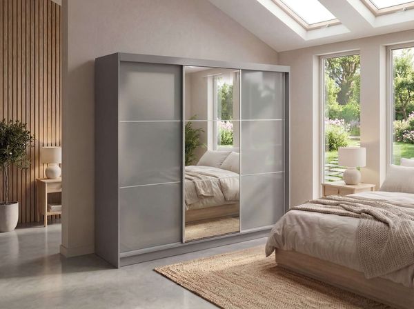 Schwebetürenschrank WALENCJA mit Spiegel & Lacobel-Glas, moderner Kleiderschrank, Breite 240 cm, High-Gloss Design - mit Schubladen - Grau