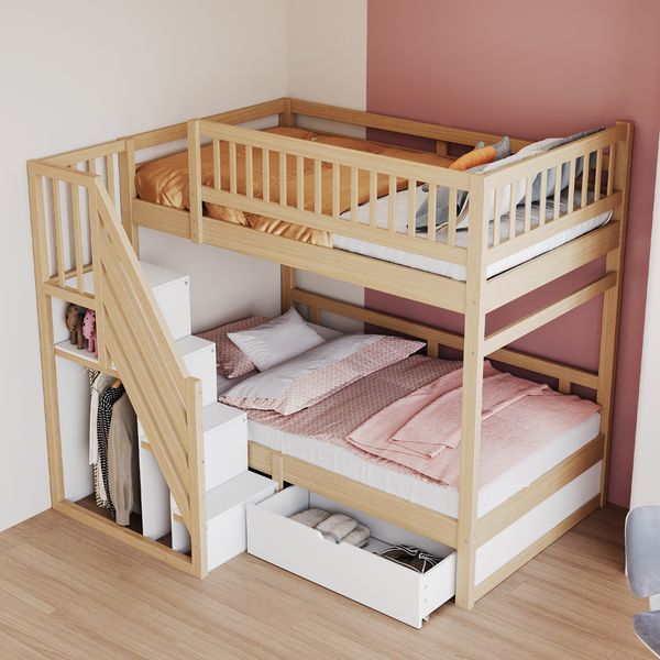Etagenbett Aus Massivholz 90*200 cm, Mit Hohem Sicherheitsgitter, Mit Lattenrost, Sicherheitsleiter mit Stauraum, Mit Stauschubladen, Kinderbett Jugendbett, Holzfarbe