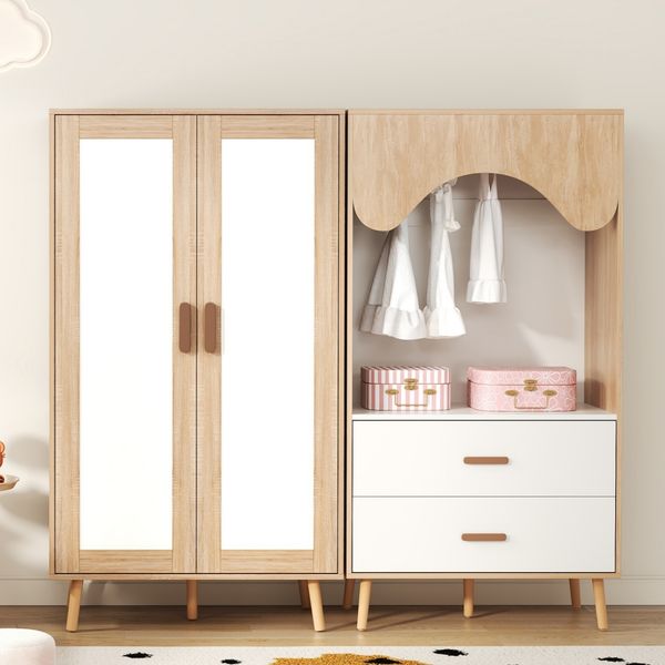 Merax Kinderkleiderschrank, Schrank-Set, zweitüriger Kleiderschrank + offener Kleiderschrank, Schlafzimmermöbel, mit Kleiderstange und Schubladen, Weiß und Holzfarbe kombiniert, 160 x 46 x 141,5 cm