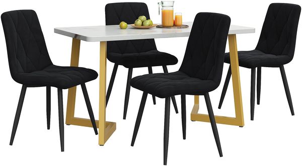 Essgruppe 5-teilig mit Esstisch 117×68 cm in Marmoroptik und 4 schwarzen Samtstühlen, moderner rechteckiger Küchentisch Set Bild 2