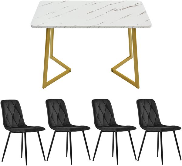 Essgruppe 5-teilig mit Esstisch 117×68 cm in Marmoroptik und 4 schwarzen Samtstühlen, moderner rechteckiger Küchentisch Set Bild 4