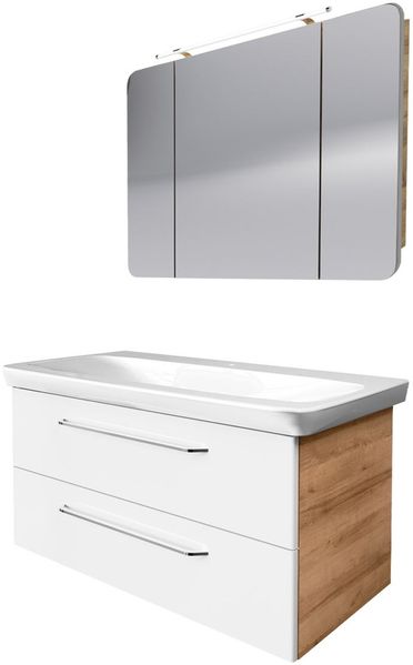 FACKELMANN MILANO Waschtisch Set mit Spiegelschrank 107 cm breit, Weiß/Braun hell, Waschbecken Keramik Weiß