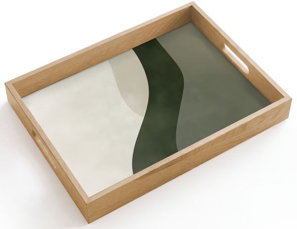 OnlyWow Tablett Rechteckig mit Henkel Japandi - Grün - Abstrakt - Modern, Eichenholz, (1-tlg), Siervierplatte, Tray, Frühstücksbrett