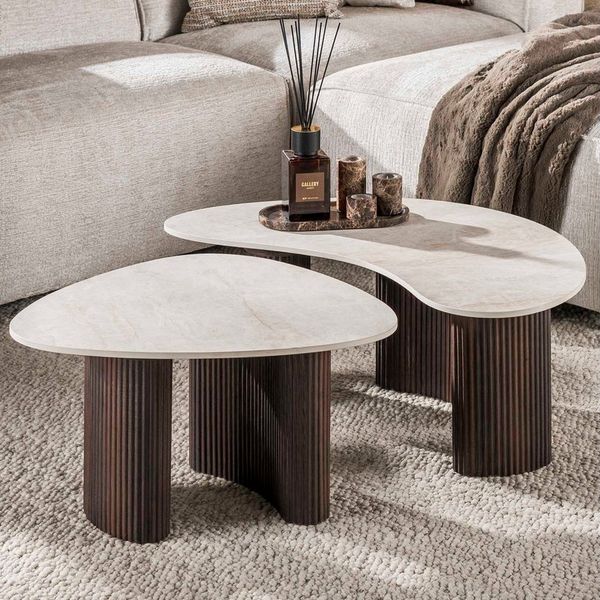 alesvelt Couchtisch Set CERAMO ONDA Organische Puzzle-Satztische mit Rillen-Gestell (2er-Set), 88 x 44 x 35 cm, 65 x 54 x 35 cm, Taj-Mahal Keramik