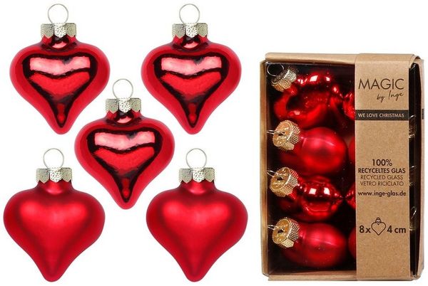 INGE-GLAS® Weihnachtsbaumkugel Christbaumschmuck Mini-Weihnachtskugeln Herz 4 cm rot 8 Stück