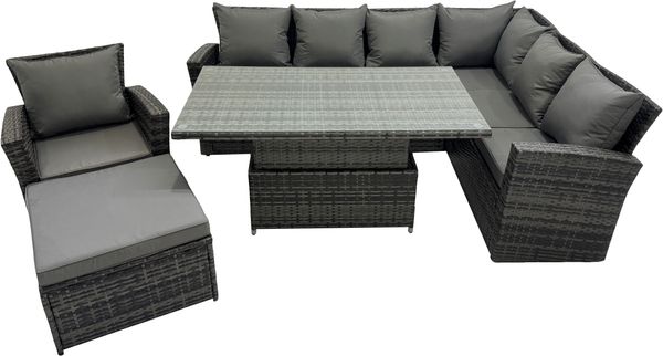Fimous 8 Sitzer Outdoor Hoher Rücken Rattan Höhenverstellbarer Esstisch Ecksofa Set Gartenmöbel Set Dunkelgrau gemischt Rechts Hund