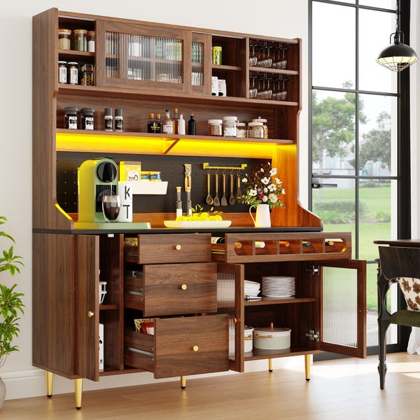 Merax 171cm Hochschränke, Küchenschrank, Esszimmerschrank, Wohnzimmer-Schrank mit verstellbaren Einlegeböden, Schränke mit LED-Beleuchtung, Schublade mit Weinregal, Walnuss