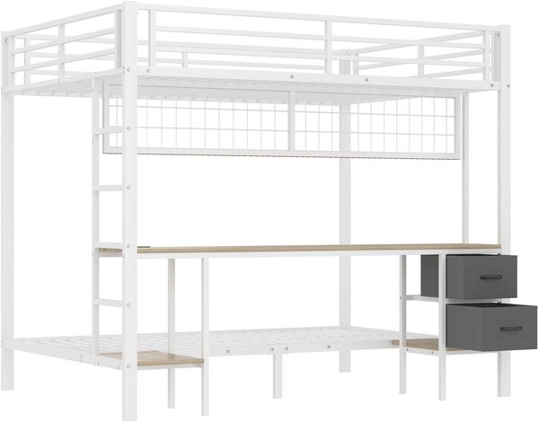Etagenbett mit Schreibtisch und LED-Beleuchtung (90x200cm/140x200cm), Metallbett mit Rausfallschutz, Jugendbett Bild 7
