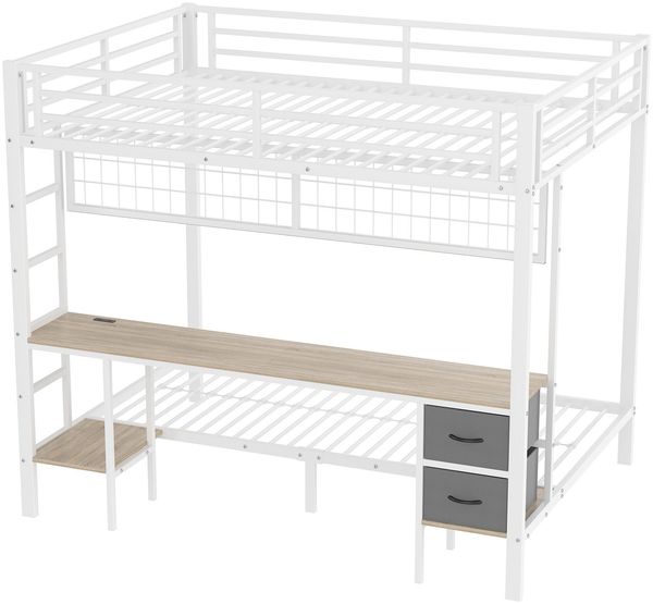 Etagenbett mit Schreibtisch und LED-Beleuchtung (90x200cm/140x200cm), Metallbett mit Rausfallschutz, Jugendbett Bild 9