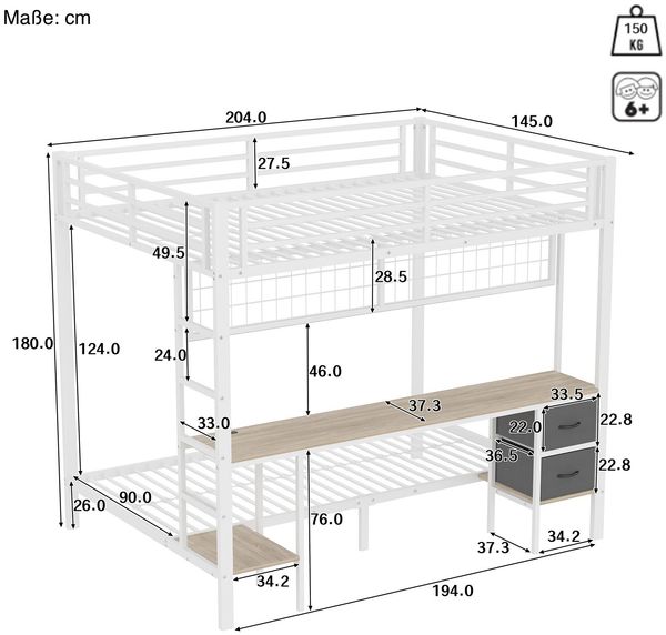 Etagenbett mit Schreibtisch und LED-Beleuchtung (90x200cm/140x200cm), Metallbett mit Rausfallschutz, Jugendbett Bild 6