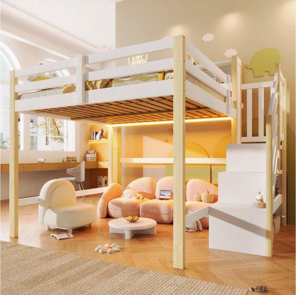Flieks Hochbett Kinderbett 140x200 cm mit LED-Beleuchtung und Stauraumtreppe