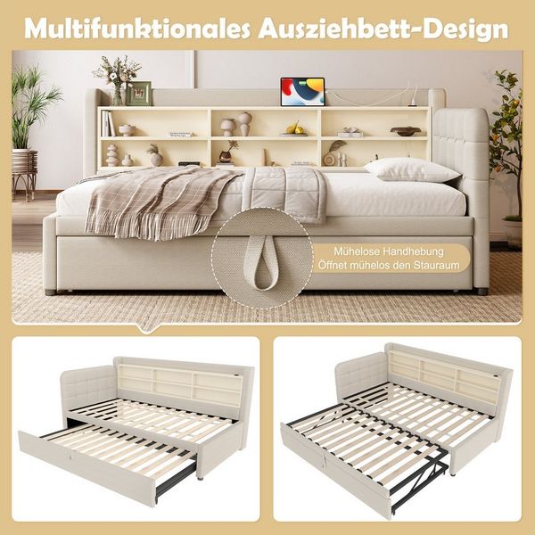 REDOM Schlafsofa Funktionsbett, mit Ausziehbett 180x200 cm, USB & Typ-C-Anschlüssen, Stauraumfächern 90x200 & 180x200 cm, ohne Matratze
