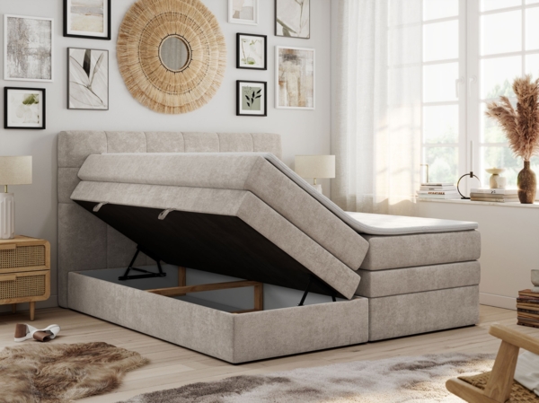 Boxspringbett mit Kopfteil und Topper, Polsterbett - LUKA-KING - 160x200cm - Beige Stoff - H3 Bild 2
